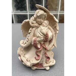 Vintage Angel With Child Music Box  In Bisque Resin 8.5” Silent Night.